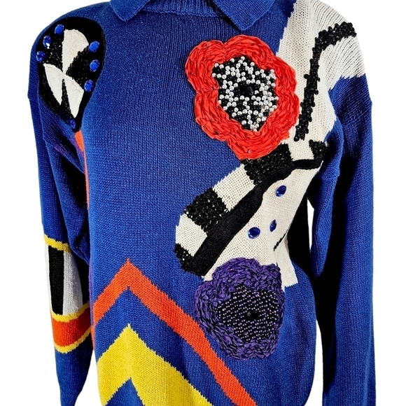Vintage 1990 Bonnie and Bill Blue Abstract Design Beaded Sweater - Picture 4 of 7